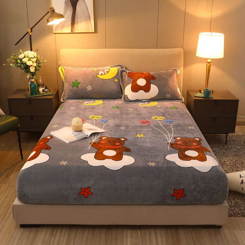 KTX-203155 Warm Flannel Cartoon Printed Fitted Sheet - Cozy Winter Mattress Cover in Various Design Options