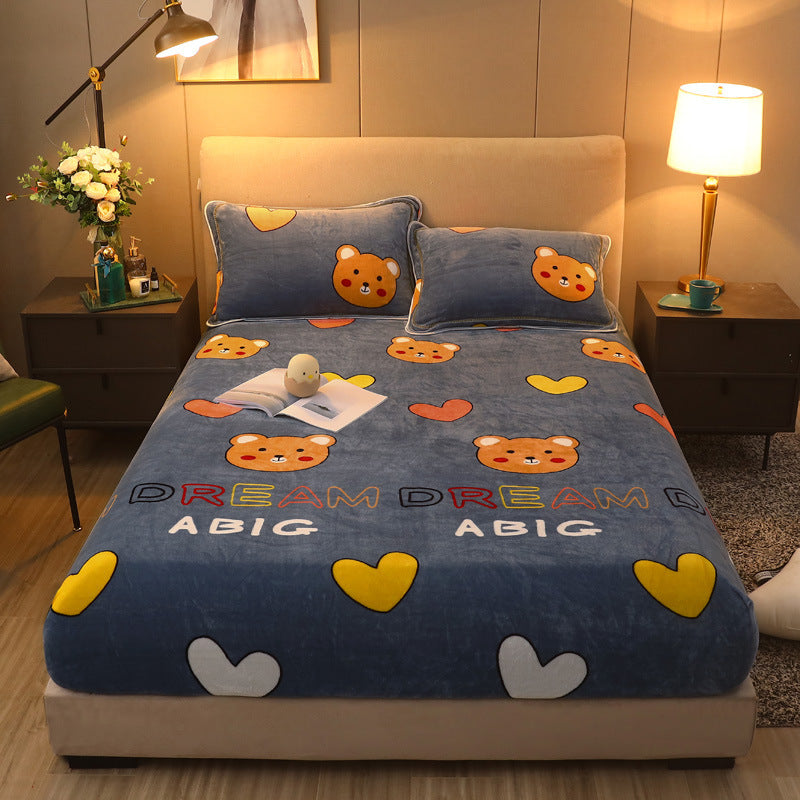 KTX-203155 Warm Flannel Cartoon Printed Fitted Sheet - Cozy Winter Mattress Cover in Various Design Options