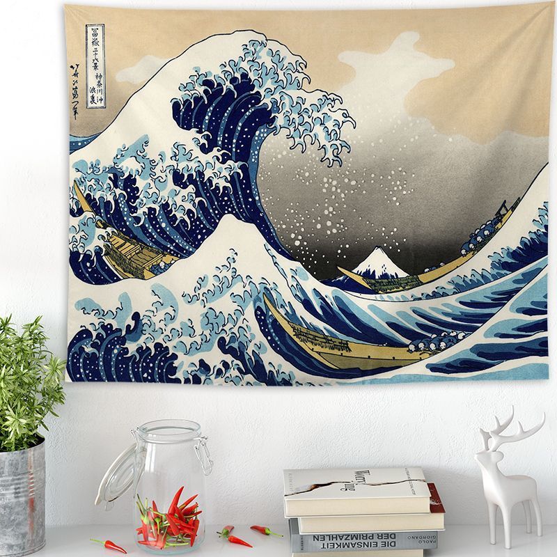 KTX-205011 Ukiyo-e Japanese Style Wave Tapestry - Soft Cotton Decorative Fabric for Home and Outdoor Use