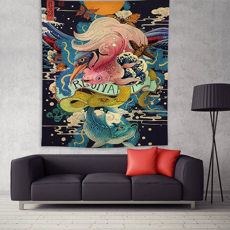 KTX-205011 Ukiyo-e Japanese Style Wave Tapestry - Soft Cotton Decorative Fabric for Home and Outdoor Use