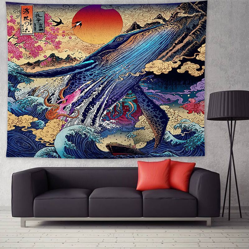 KTX-205011 Ukiyo-e Japanese Style Wave Tapestry - Soft Cotton Decorative Fabric for Home and Outdoor Use
