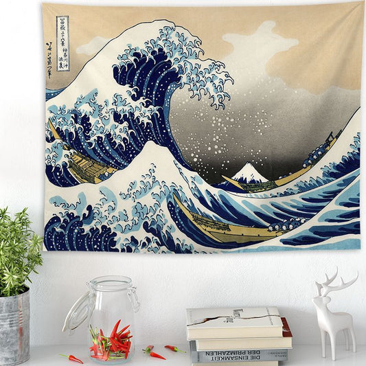 KTX-205011 Ukiyo-e Japanese Style Wave Tapestry - Soft Cotton Decorative Fabric for Home and Outdoor Use