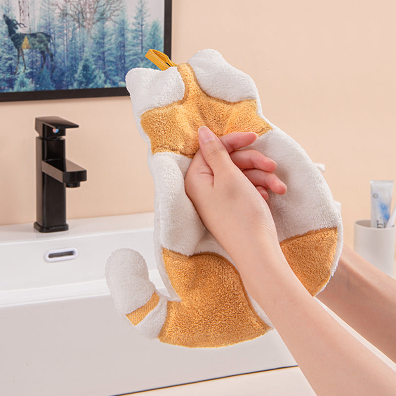 KTX-206035 Thickened Cat Hand Towel for Kids - Superfine Coral Fleece, Absorbent and Hangable, Yellow or Gray, 210x300mm