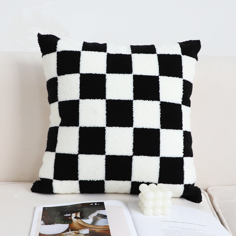 KTX-207059 Black and White Checkerboard Square Pillow for Living Room Sofa