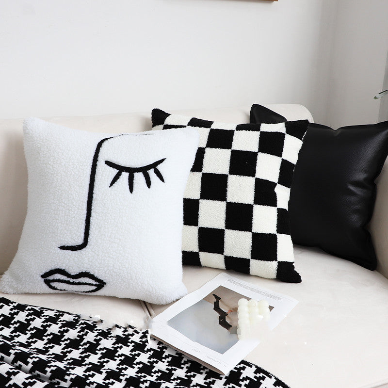 KTX-207059 Black and White Checkerboard Square Pillow for Living Room Sofa