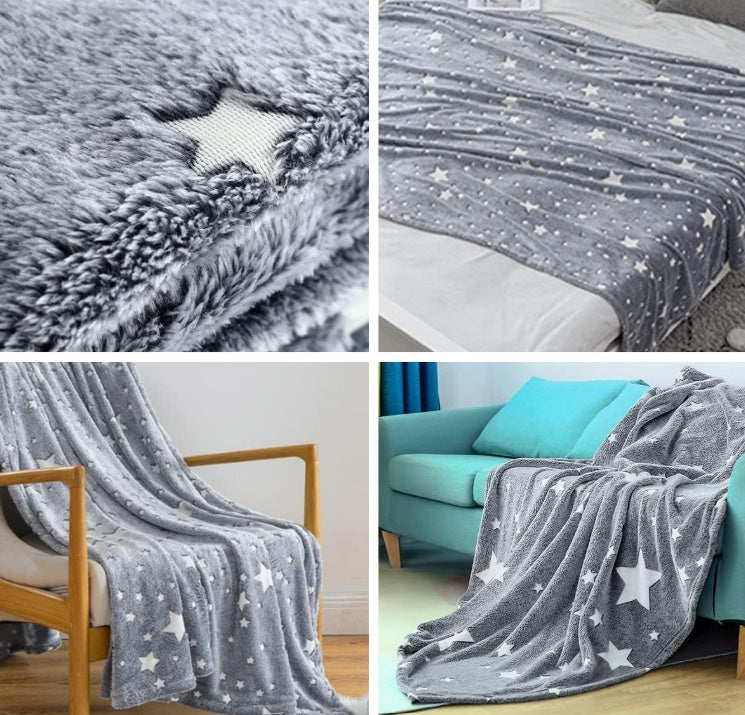 KTX-207443 Glow in the Dark Cozy Blanket for Kids - Soft Plush Fabric with Moon and Stars, 50 x 60 inches