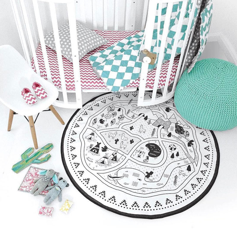 KTX-207763 Village-Themed Cotton Canvas Children's Play Mat - 135cm Diameter