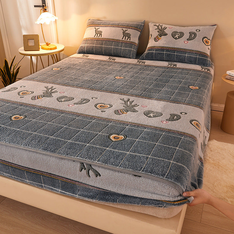 KTX-210067 Flannel Fitted Sheet with Cartoon Snowflake Patterns – Available in Multiple Sizes and Designs