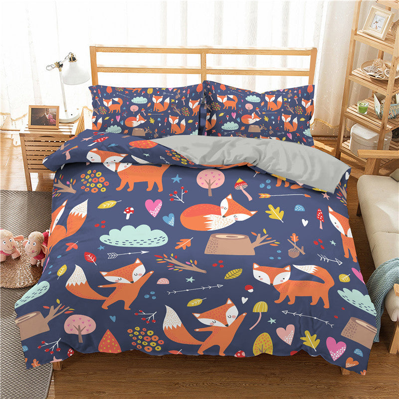 KTX-211539 3D Cartoon Print Bedding Set, Three-Piece Quilt Cover with Pillowcases, Polyester Fiber Fabric