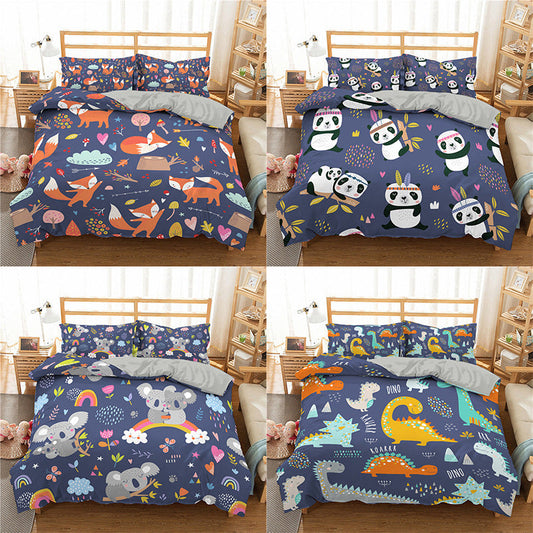 KTX-211539 3D Cartoon Print Bedding Set, Three-Piece Quilt Cover with Pillowcases, Polyester Fiber Fabric