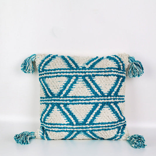 KTX-212371 Bohemian Cotton Tassel Cushion Pillowcase - Blue Weaving Design for Living Room and Bedroom