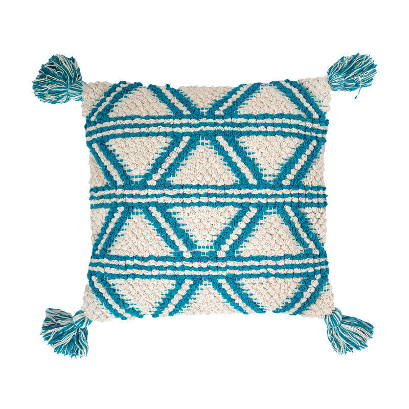 KTX-212371 Bohemian Cotton Tassel Cushion Pillowcase - Blue Weaving Design for Living Room and Bedroom