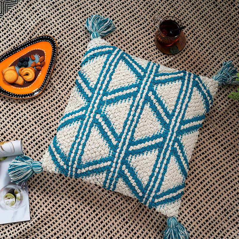 KTX-212371 Bohemian Cotton Tassel Cushion Pillowcase - Blue Weaving Design for Living Room and Bedroom