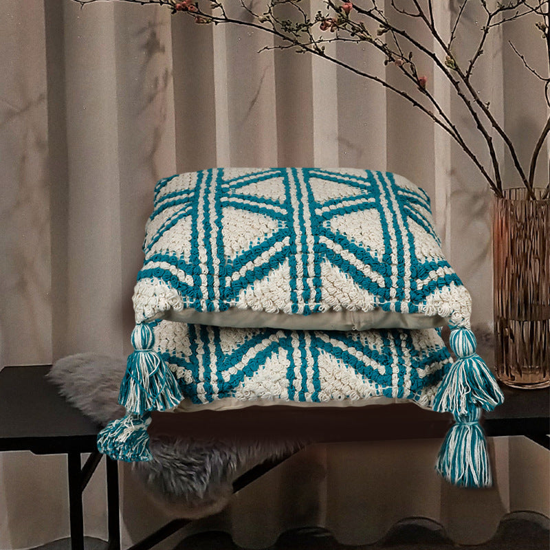 KTX-212371 Bohemian Cotton Tassel Cushion Pillowcase - Blue Weaving Design for Living Room and Bedroom