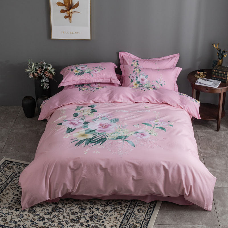 KTX-212691 Four-Piece Pure Cotton Bedding Set with Decorative Floral Patterns in Multiple Styles