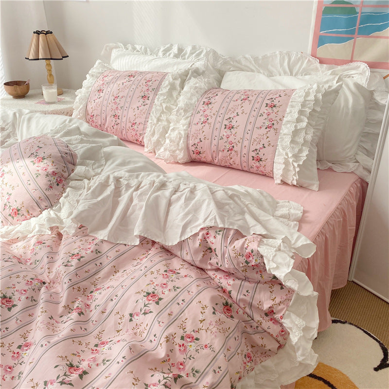 KTX-213523 Elegant Lace Cotton Ruffle Bedding Set – Available in Multiple Sizes and Floral Designs