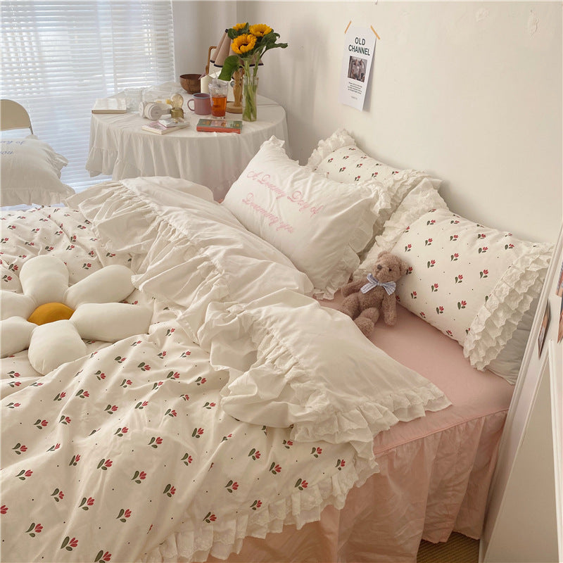 KTX-213523 Elegant Lace Cotton Ruffle Bedding Set – Available in Multiple Sizes and Floral Designs