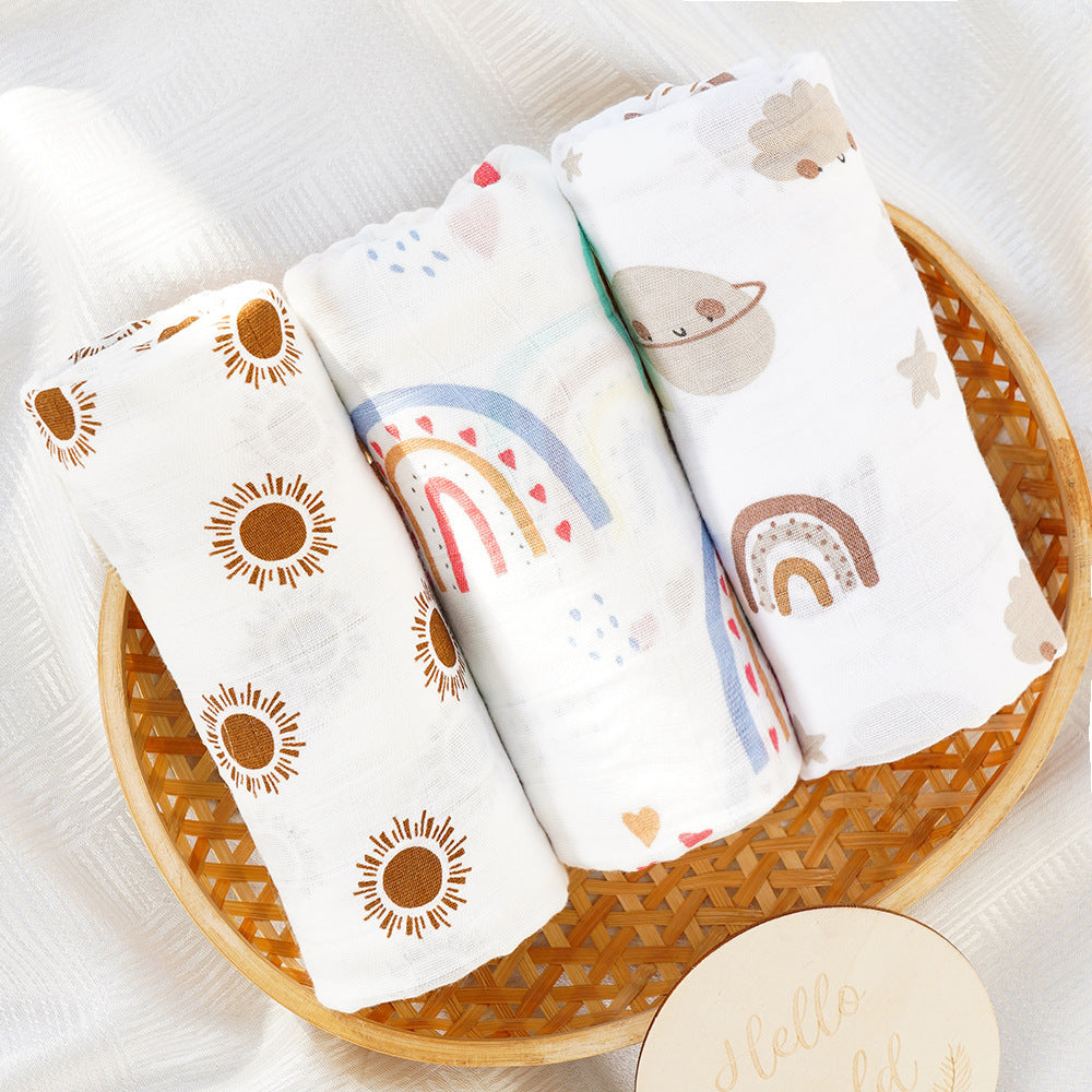 KTX-214931 3-Piece Baby Swaddling Blanket Set - 2-Layer Bamboo Fiber in Various Patterns for Summer Use