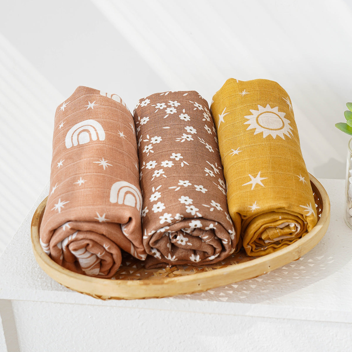 KTX-214931 3-Piece Baby Swaddling Blanket Set - 2-Layer Bamboo Fiber in Various Patterns for Summer Use