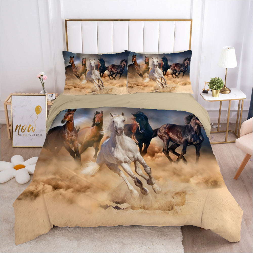 KTX-215507 3D Digital Printed Polyester Fiber Bedding Set with Quilt Cover and Pillowcase - Various Horse Designs