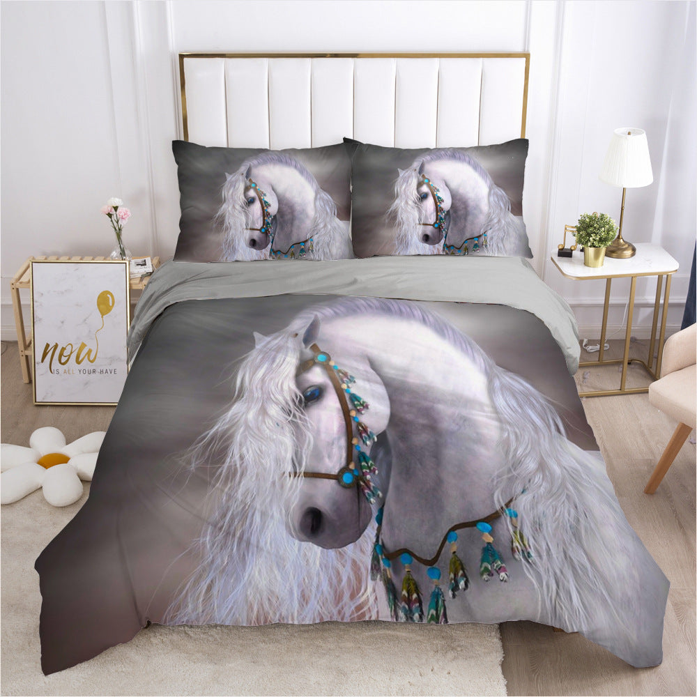 KTX-215507 3D Digital Printed Polyester Fiber Bedding Set with Quilt Cover and Pillowcase - Various Horse Designs