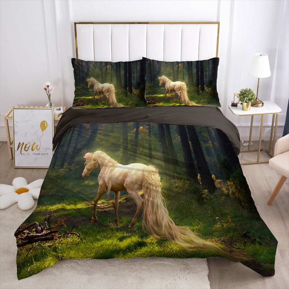 KTX-215507 3D Digital Printed Polyester Fiber Bedding Set with Quilt Cover and Pillowcase - Various Horse Designs