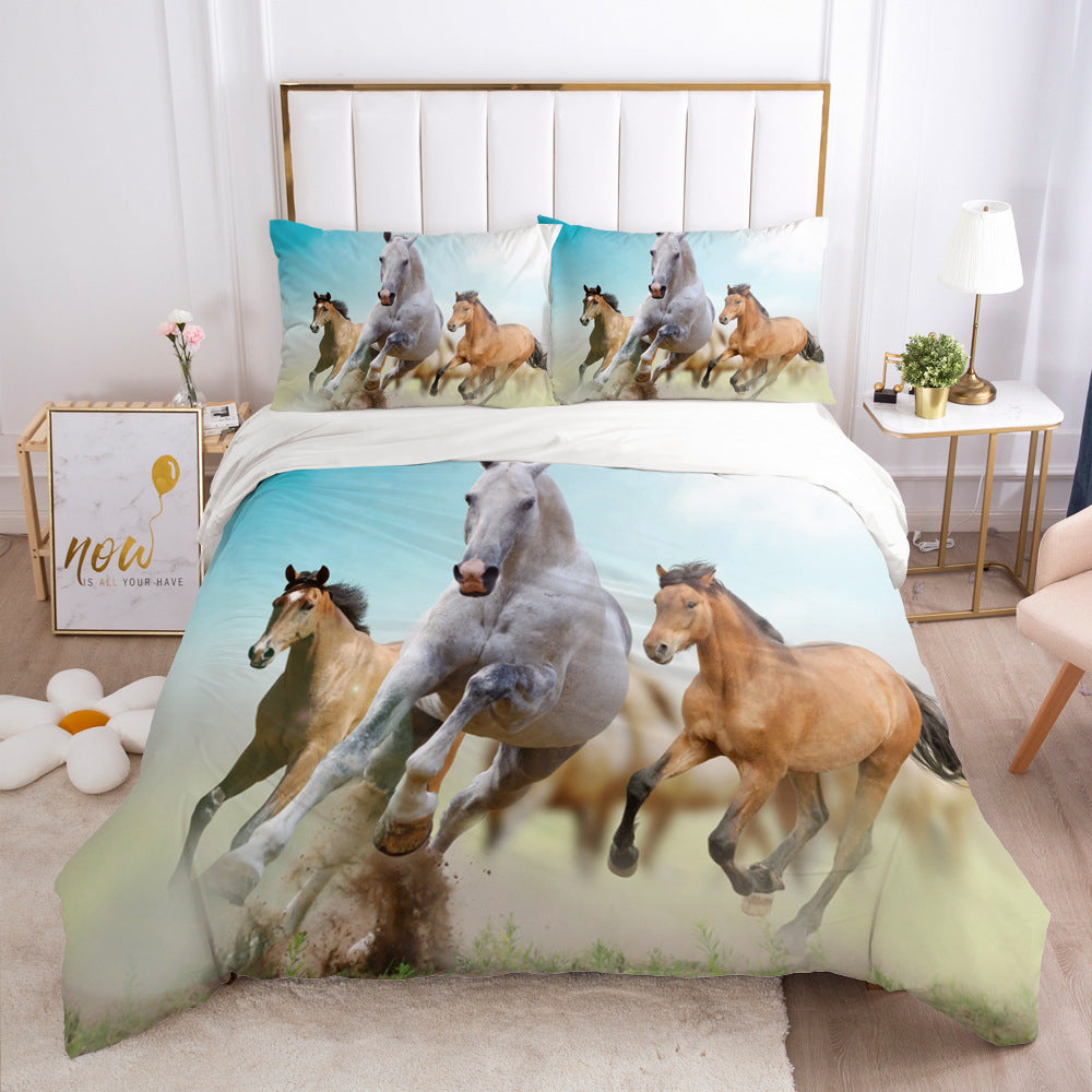 KTX-215507 3D Digital Printed Polyester Fiber Bedding Set with Quilt Cover and Pillowcase - Various Horse Designs