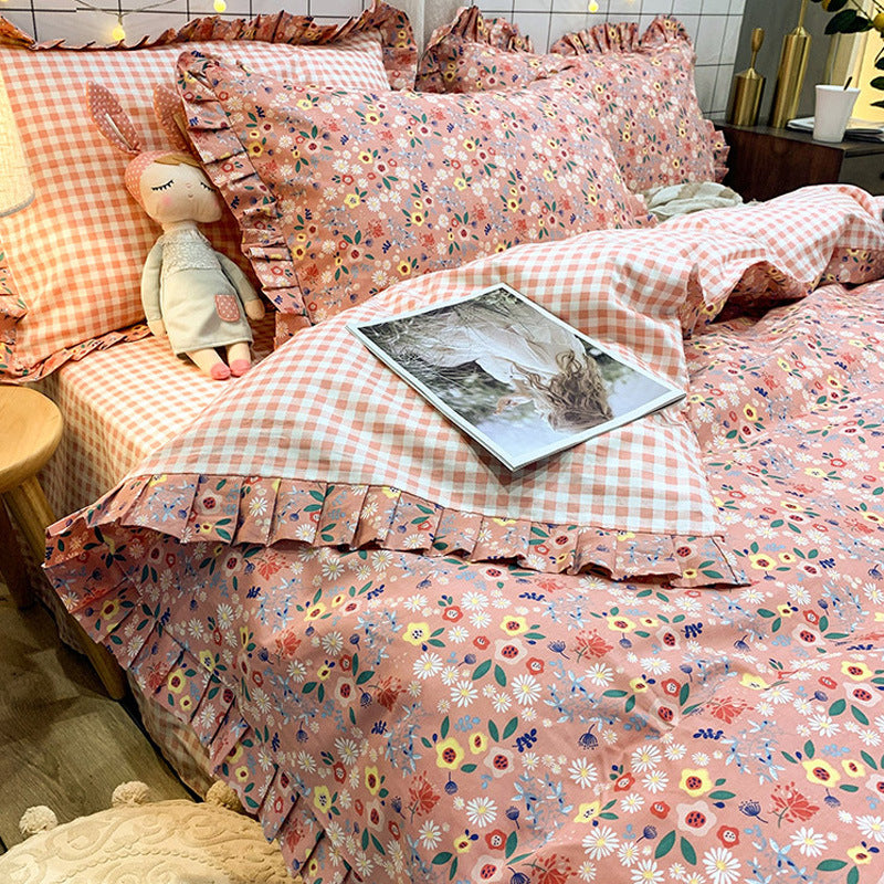 KTX-215827 Elegant Four-Piece Cotton Bedding Set in Summer Princess Style with Floral Patterns for 1.2m to 2.0m Beds