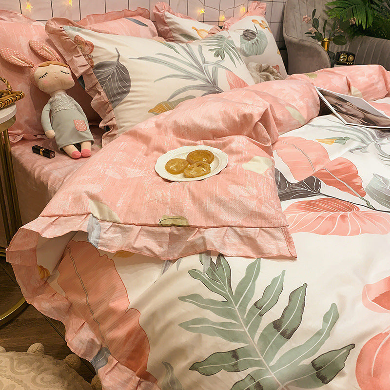 KTX-215827 Elegant Four-Piece Cotton Bedding Set in Summer Princess Style with Floral Patterns for 1.2m to 2.0m Beds