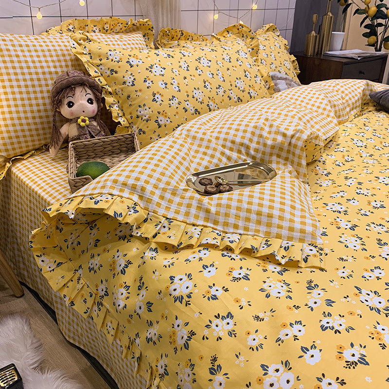 KTX-215827 Elegant Four-Piece Cotton Bedding Set in Summer Princess Style with Floral Patterns for 1.2m to 2.0m Beds
