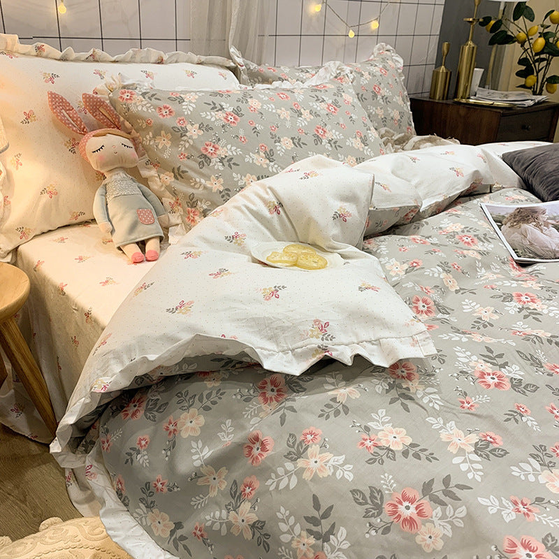 KTX-215827 Elegant Four-Piece Cotton Bedding Set in Summer Princess Style with Floral Patterns for 1.2m to 2.0m Beds