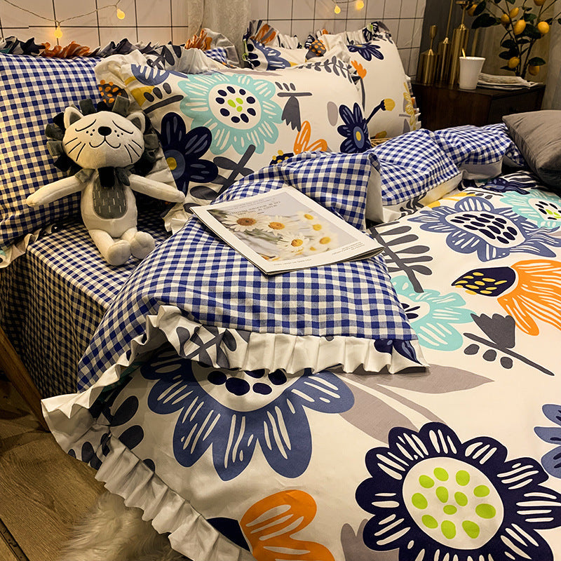 KTX-215827 Elegant Four-Piece Cotton Bedding Set in Summer Princess Style with Floral Patterns for 1.2m to 2.0m Beds