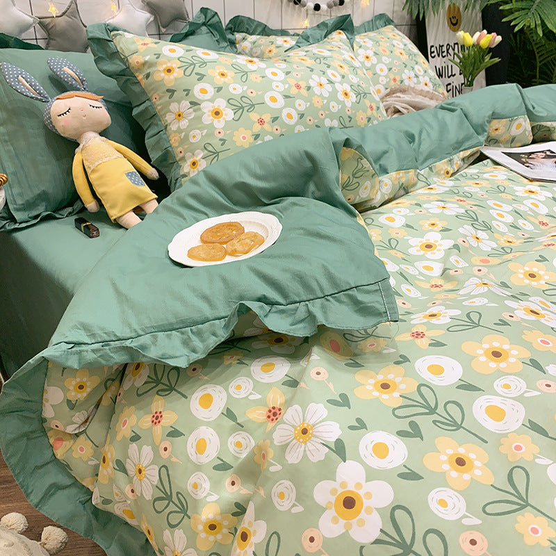 KTX-215827 Elegant Four-Piece Cotton Bedding Set in Summer Princess Style with Floral Patterns for 1.2m to 2.0m Beds