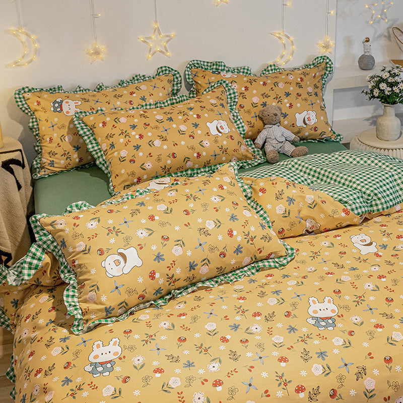 KTX-215827 Elegant Four-Piece Cotton Bedding Set in Summer Princess Style with Floral Patterns for 1.2m to 2.0m Beds