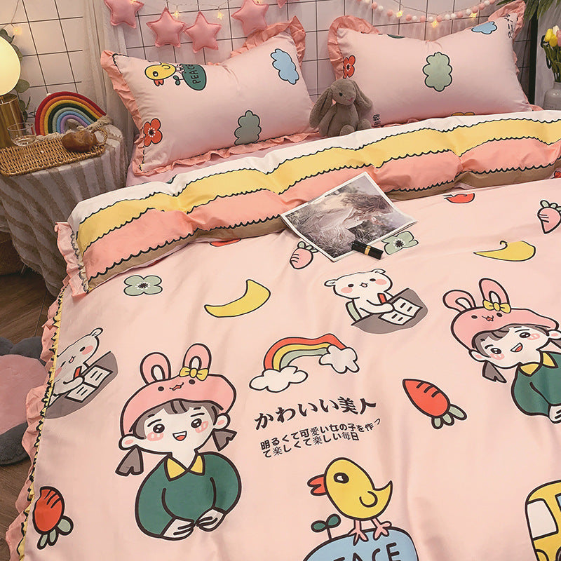 KTX-215827 Elegant Four-Piece Cotton Bedding Set in Summer Princess Style with Floral Patterns for 1.2m to 2.0m Beds