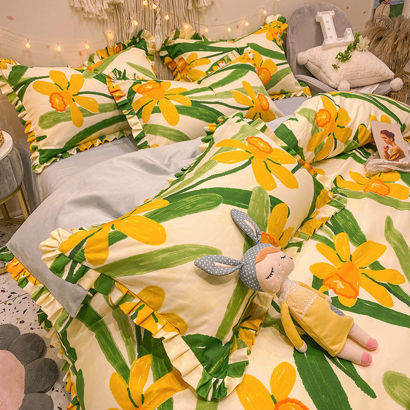 KTX-215827 Elegant Four-Piece Cotton Bedding Set in Summer Princess Style with Floral Patterns for 1.2m to 2.0m Beds