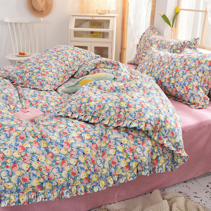 KTX-215827 Elegant Four-Piece Cotton Bedding Set in Summer Princess Style with Floral Patterns for 1.2m to 2.0m Beds