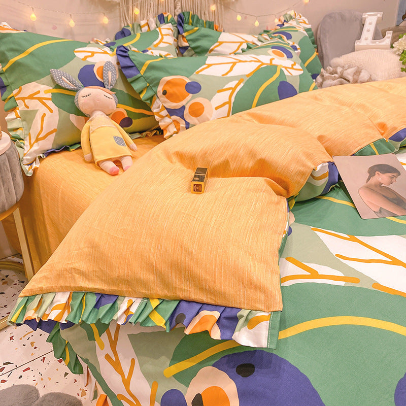 KTX-215827 Elegant Four-Piece Cotton Bedding Set in Summer Princess Style with Floral Patterns for 1.2m to 2.0m Beds