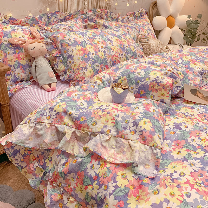 KTX-215827 Elegant Four-Piece Cotton Bedding Set in Summer Princess Style with Floral Patterns for 1.2m to 2.0m Beds