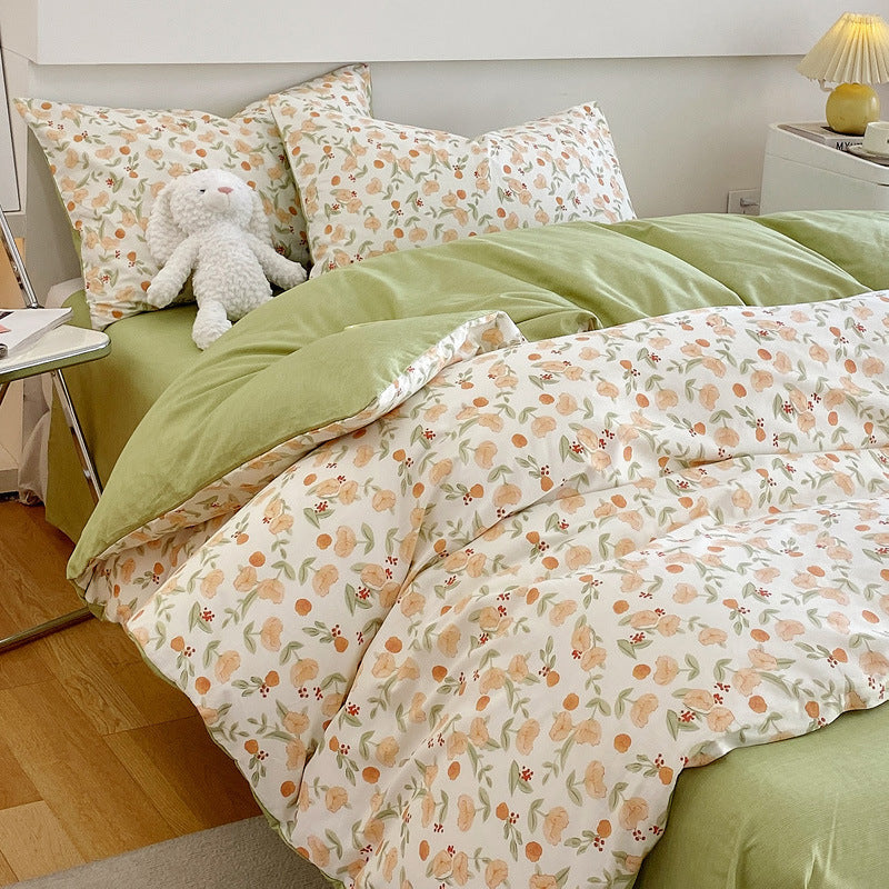 KTX-217619 Cotton Quilt Cover Set with Plant and Flower Pattern - Small Size (Duvet Cover, Bedsheet, Pillowcase)