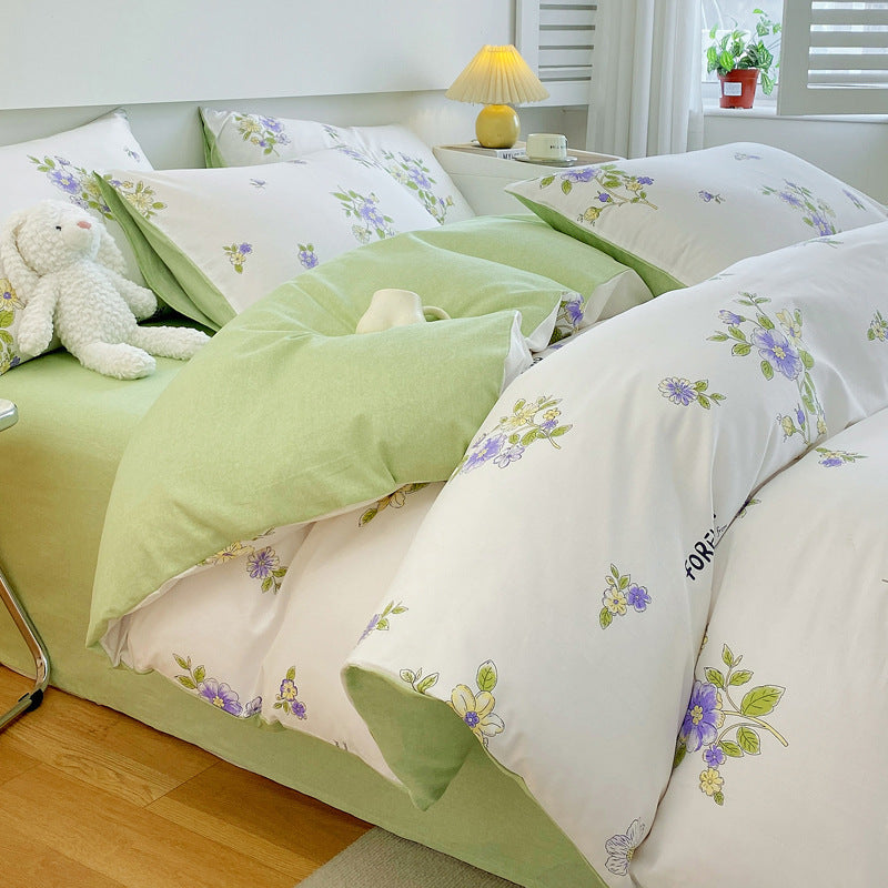 KTX-217619 Cotton Quilt Cover Set with Plant and Flower Pattern - Small Size (Duvet Cover, Bedsheet, Pillowcase)