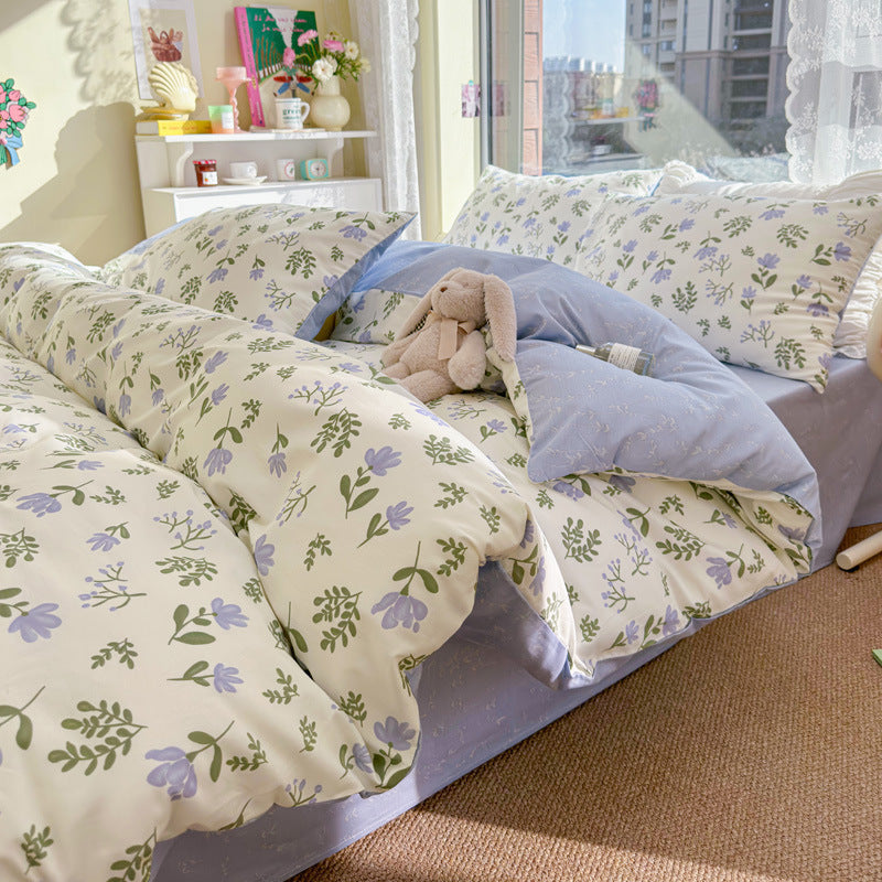 KTX-217619 Cotton Quilt Cover Set with Plant and Flower Pattern - Small Size (Duvet Cover, Bedsheet, Pillowcase)