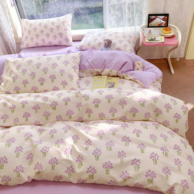 KTX-217619 Cotton Quilt Cover Set with Plant and Flower Pattern - Small Size (Duvet Cover, Bedsheet, Pillowcase)