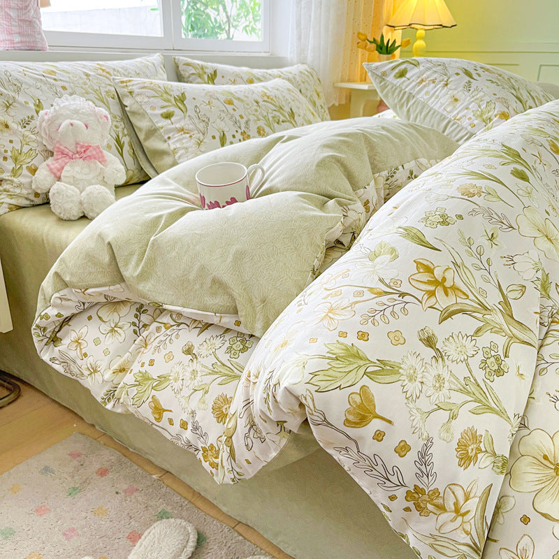 KTX-217619 Cotton Quilt Cover Set with Plant and Flower Pattern - Small Size (Duvet Cover, Bedsheet, Pillowcase)