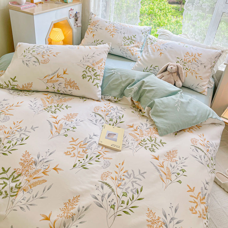 KTX-217619 Cotton Quilt Cover Set with Plant and Flower Pattern - Small Size (Duvet Cover, Bedsheet, Pillowcase)