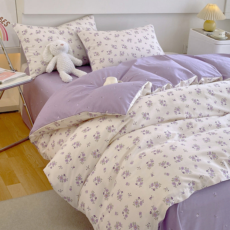 KTX-217619 Cotton Quilt Cover Set with Plant and Flower Pattern - Small Size (Duvet Cover, Bedsheet, Pillowcase)