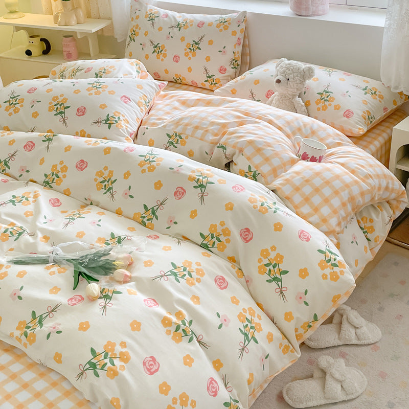 KTX-217619 Cotton Quilt Cover Set with Plant and Flower Pattern - Small Size (Duvet Cover, Bedsheet, Pillowcase)