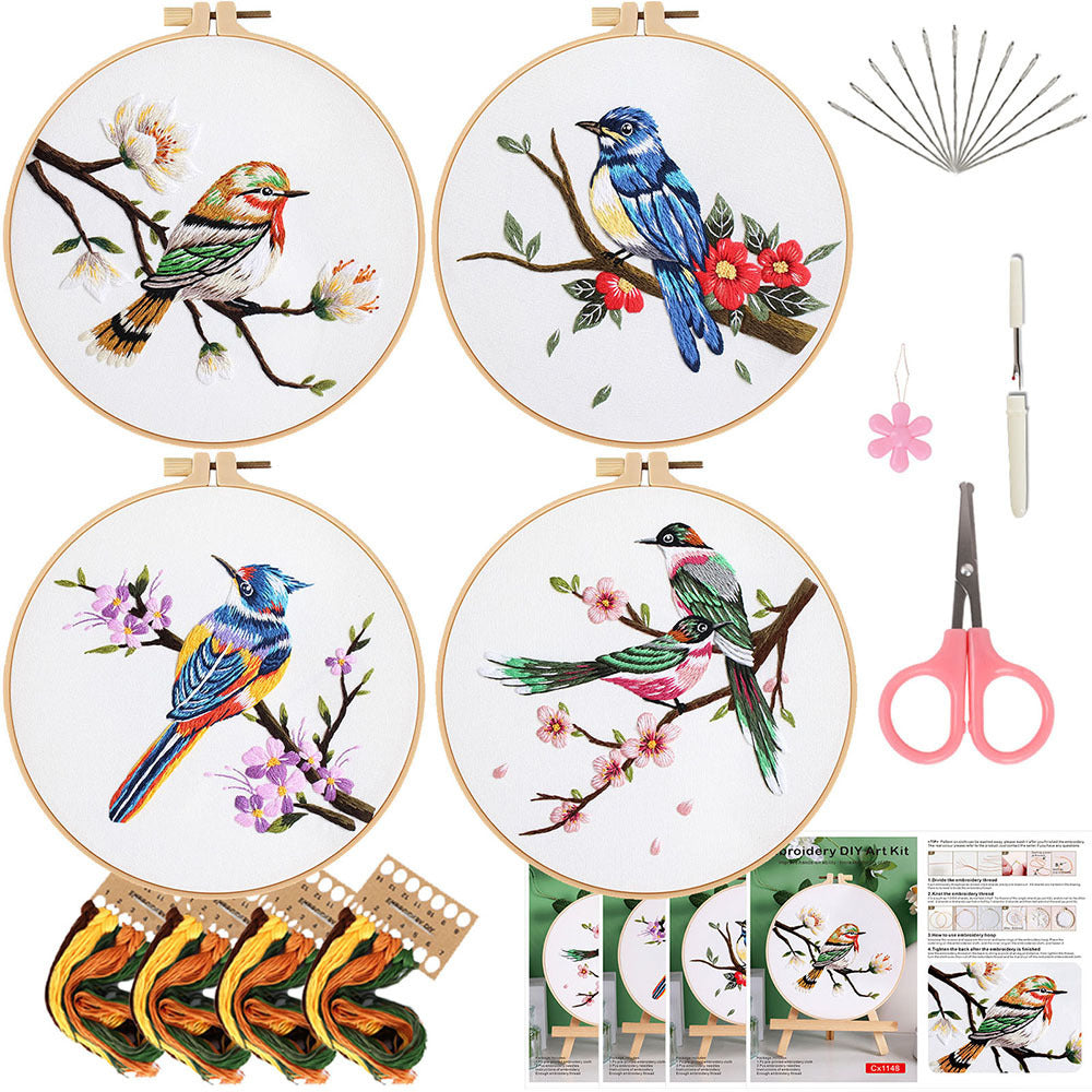 KTX-217811 Flower and Bird Hanging Embroidery DIY Kit with Scissors, Threader, and Frame