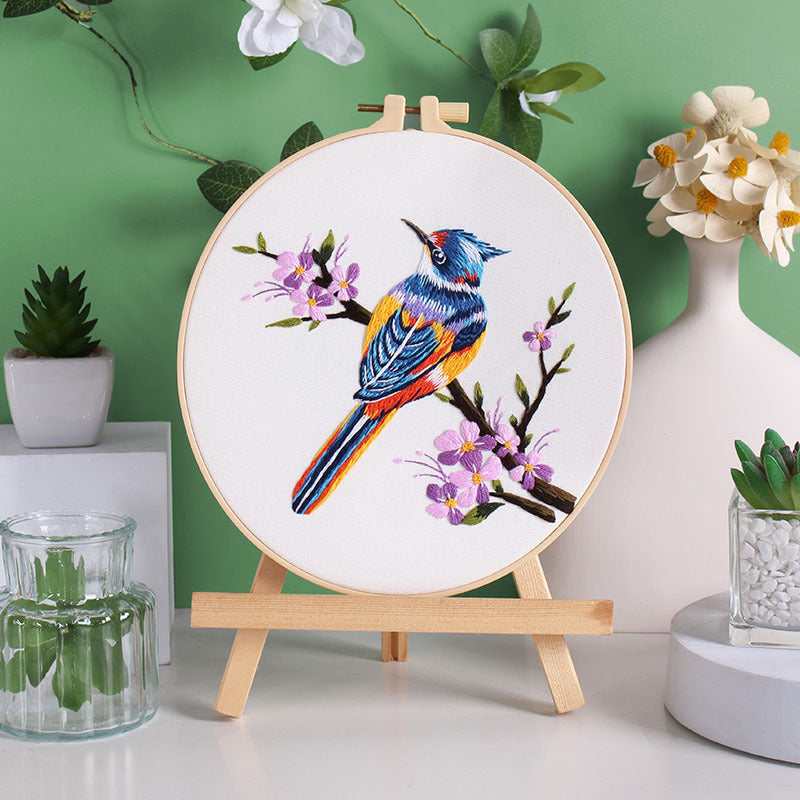KTX-217811 Flower and Bird Hanging Embroidery DIY Kit with Scissors, Threader, and Frame