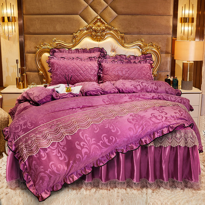 KTX-219283 Lace Velvet Bed Skirt Set with Quilted Cover and Pillowcases in Various Colors